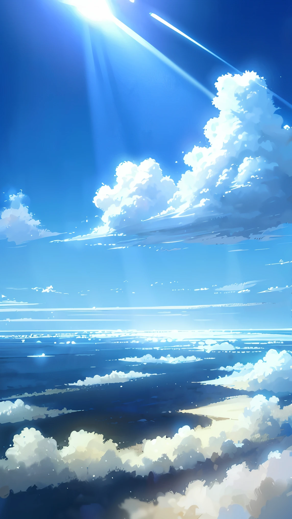 Blue sky and white clouds,Sunlight shining through the clouds, a painted landscape painting by Makoto Shinkai, Featured on pixiv, rayonism, Divine Light, Japanese Manga, painted landscape painting