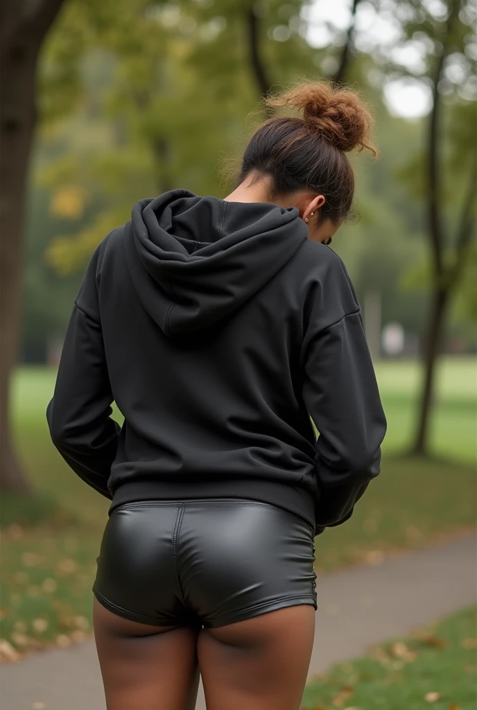 black woman hair in a bun black hoodie black leather short shorts bending over getting fucked in the ass by a old ugly woman in a dress in a park
camera low angle