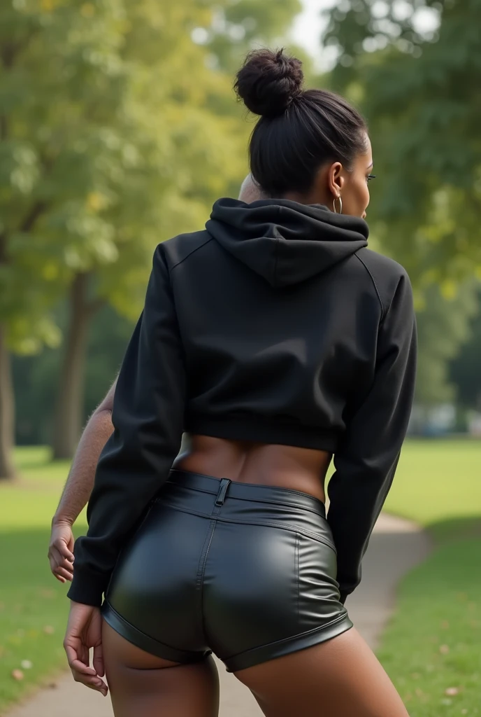 black woman hair in a bun black hoodie black leather short shorts bending over getting fucked in the ass by a old ugly woman in a dress in a park
camera low angle