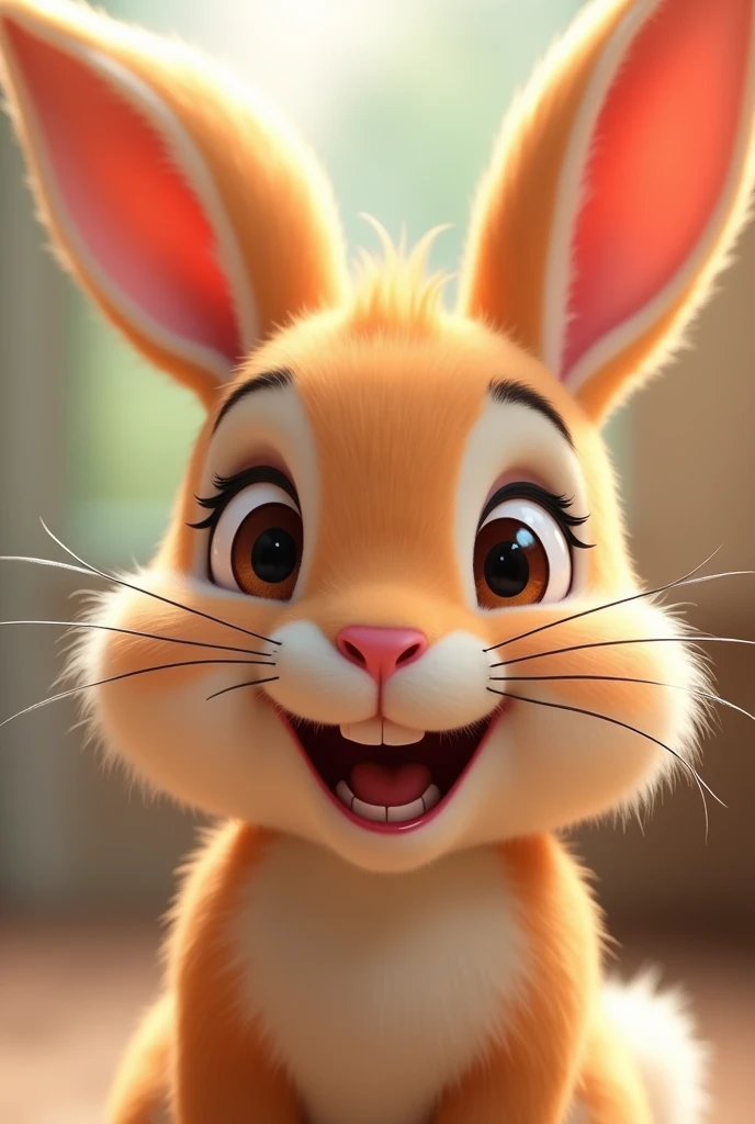 Create a close-up image of an adorable Rabbit
smiling, facing the camera with a zoomed-in perspective. The animal should have a cute and expressive face, resembling the animation style of Pixar by Disney, with large, shiny eyes and a joyful smile. The background should be blurred to emphasize the animal's face. Each animal should appear friendly and endearing, with soft fur or feathers and bright, cheerful colors."