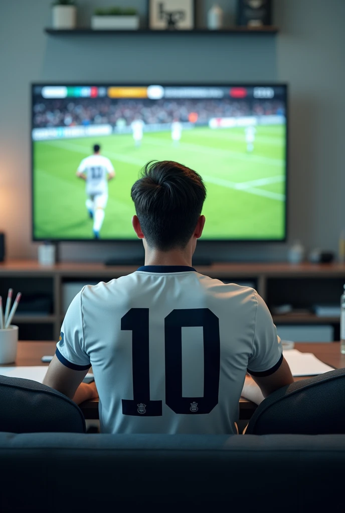 Male fan sitting on the couch wearing an all-white team uniform with only the number 10 watching a football game on television, with the all-white team uniform, on an office desk