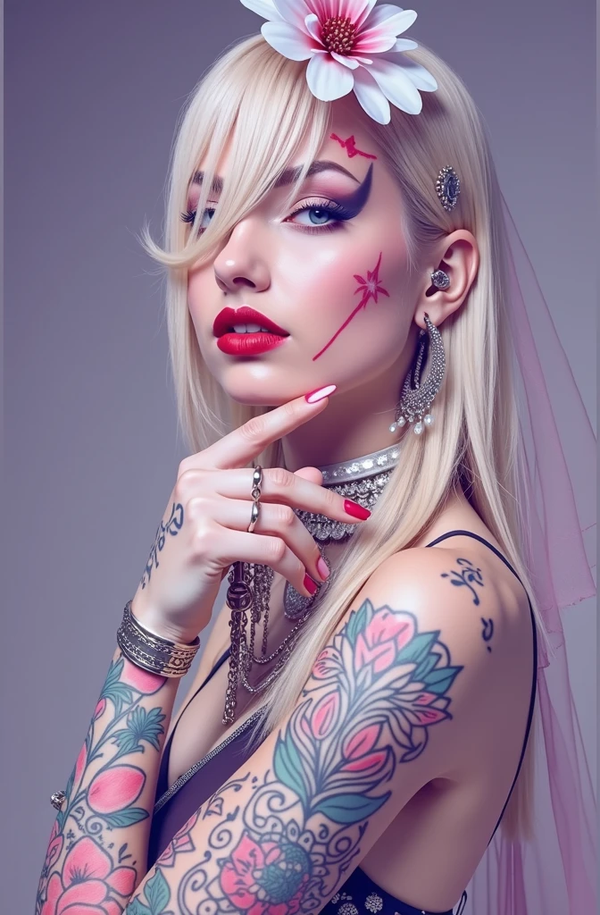 uma mulher vestida com um véu e uma flor no cabelo, roupas de rock, tatuagens and piercings, with tatuagens, tatuado, foto de retrato, tatuado skin, tatuado face, tatuado pinup, tatuagens all over the skin, Glamour colorido do retrato, estilo de tatuagem, tatuado, estúdio de tatuagem foto, tatuagens, tinta de tatuagem, com tatuagem facial, tatuagem, face tatuagens, tatuagem azul e vermelha, ultra realista, streaked hair, blonde hair, hair over shoulder, dashed eyes, seductive smile, red lips, social media composition, dutch angle, Nikon, high quality, UHD, anatomically correct, 8k