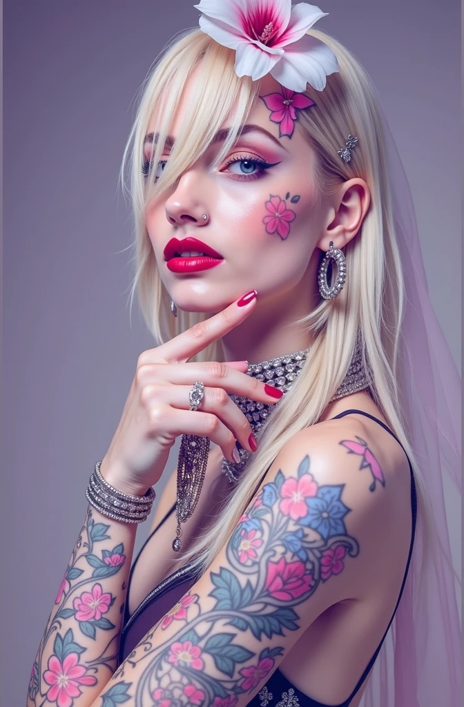 uma mulher vestida com um véu e uma flor no cabelo, roupas de rock, tatuagens and piercings, with tatuagens, tatuado, foto de retrato, tatuado skin, tatuado face, tatuado pinup, tatuagens all over the skin, Glamour colorido do retrato, estilo de tatuagem, tatuado, estúdio de tatuagem foto, tatuagens, tinta de tatuagem, com tatuagem facial, tatuagem, face tatuagens, tatuagem azul e vermelha, ultra realista, streaked hair, blonde hair, hair over shoulder, dashed eyes, seductive smile, red lips, social media composition, dutch angle, Nikon, high quality, UHD, anatomically correct, 8k