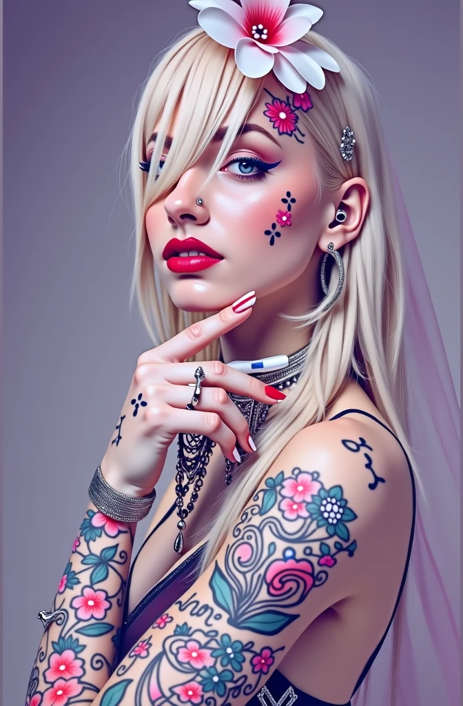 uma mulher vestida com um véu e uma flor no cabelo, roupas de rock, tatuagens and piercings, with tatuagens, tatuado, foto de retrato, tatuado skin, tatuado face, tatuado pinup, tatuagens all over the skin, Glamour colorido do retrato, estilo de tatuagem, tatuado, estúdio de tatuagem foto, tatuagens, tinta de tatuagem, com tatuagem facial, tatuagem, face tatuagens, tatuagem azul e vermelha, ultra realista, streaked hair, blonde hair, hair over shoulder, dashed eyes, seductive smile, red lips, social media composition, dutch angle, Nikon, high quality, UHD, anatomically correct, 8k