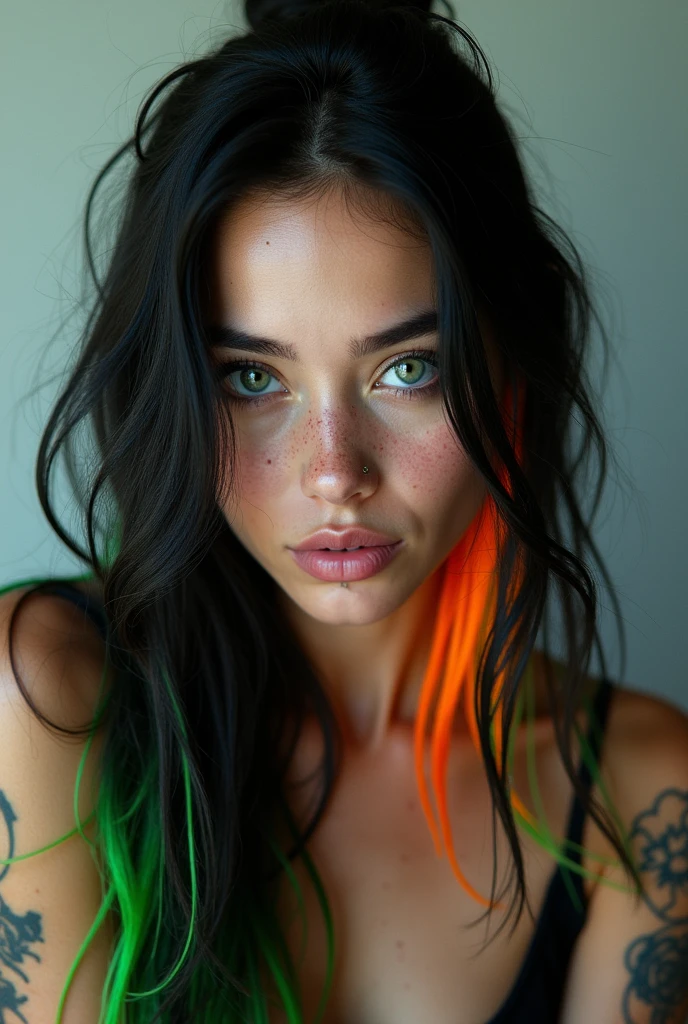 Realistic photo of attractive, delicate and beautiful woman with freckles, gray-green eyes, long black hair with neon green and orange highlights, piercing, tattooed, smiling, biting her lip, hand on her mouth 