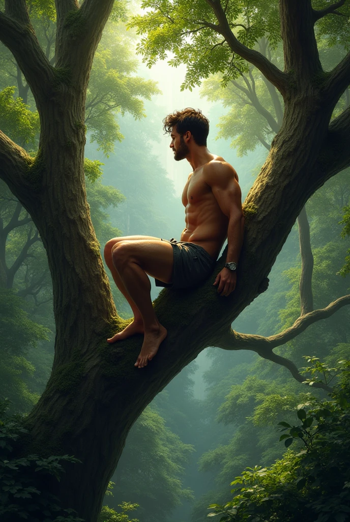 Make a man in the forest on a tree naked