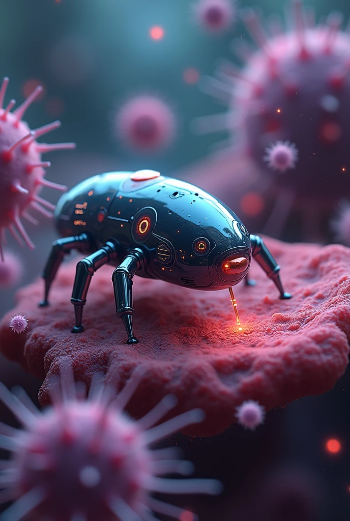 Nano robot kills cancer cells. Cancer cells are looks like dangerous, and the other types of cells are also seen.