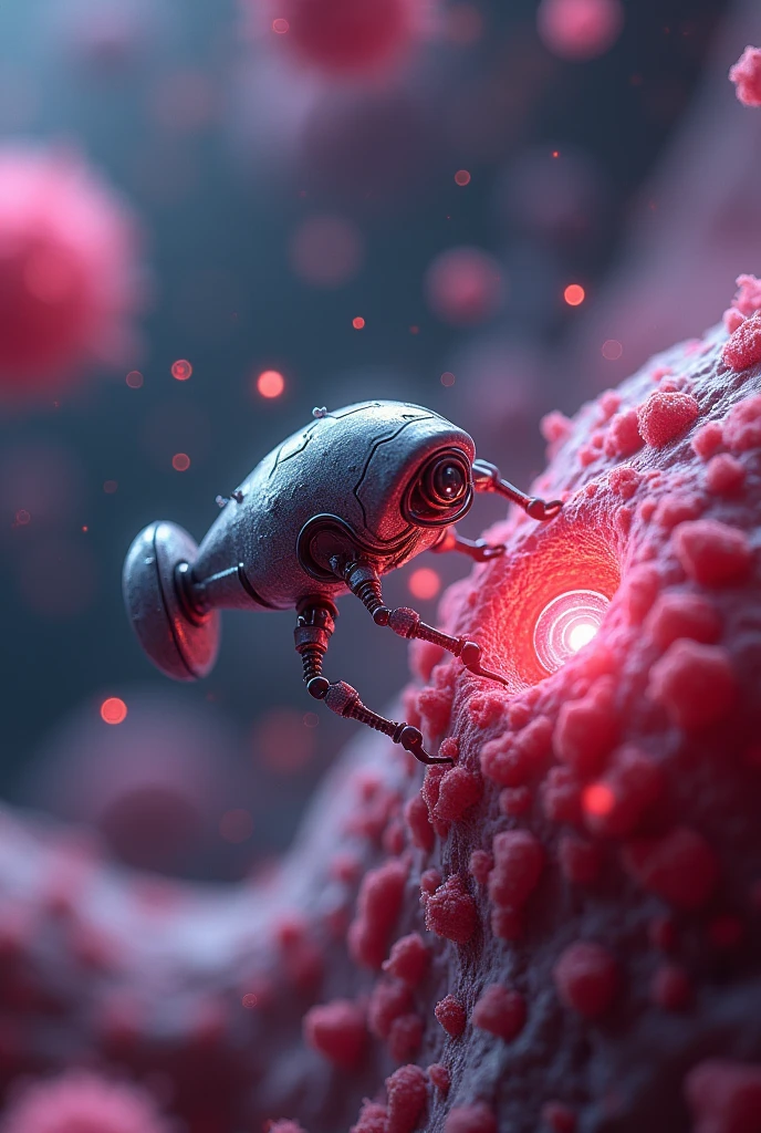 Nano robot kills cancer cells. Cancer cells are looks like dangerous, and the other types of cells are also seen.