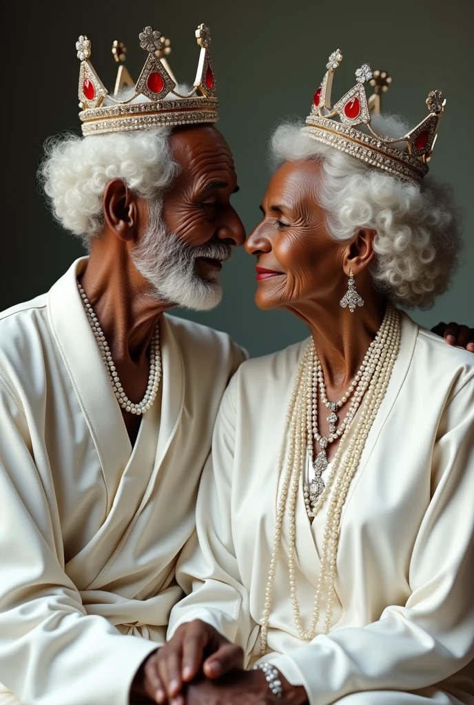 Elderly couple over 90 years old man and woman with curly white hair Africans dressed in white with white jewelry and crown with red and white precious stones with white pearl necklaces sitting