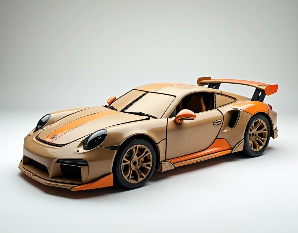 Create me a Porsche sports car that is made of cardboard, plastic and wheels made of caps