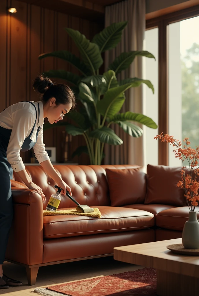A person cleaning a sofa made of leather of a house which has nice interiors