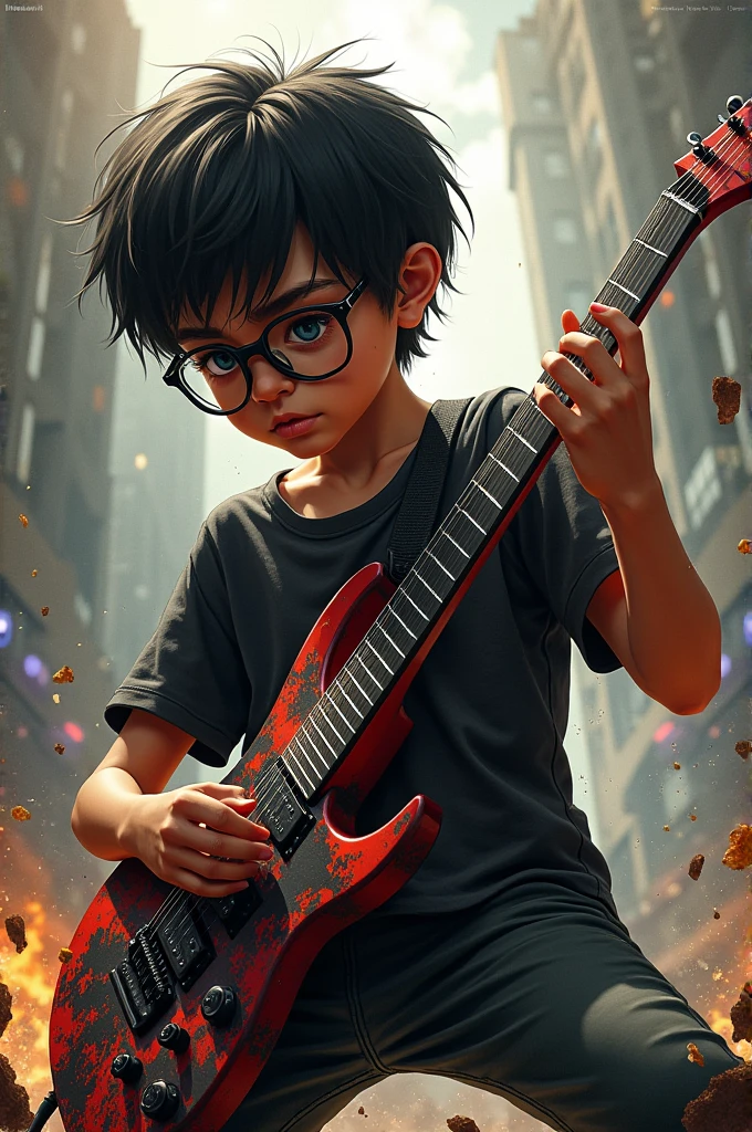 A boy with glasses and short hair playing metal with guitar Dean Michael Atom Tyrant X Splatter