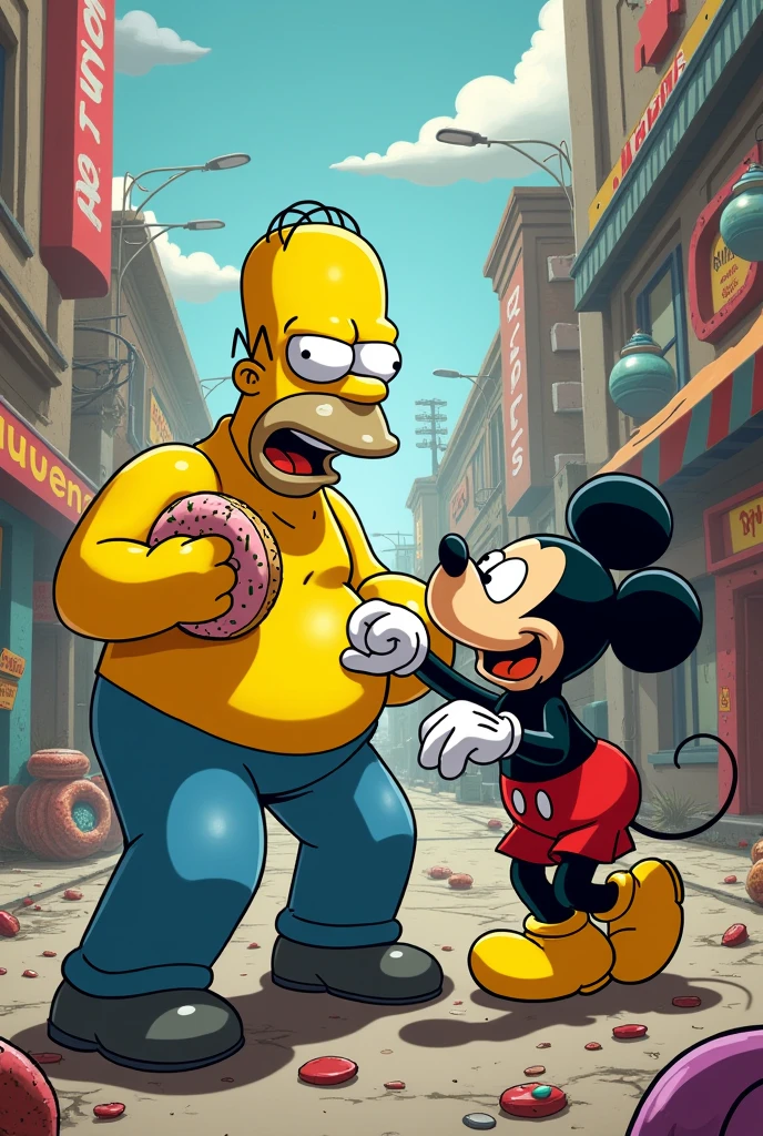 Homer Simpson fighting with Mickey Mouse 