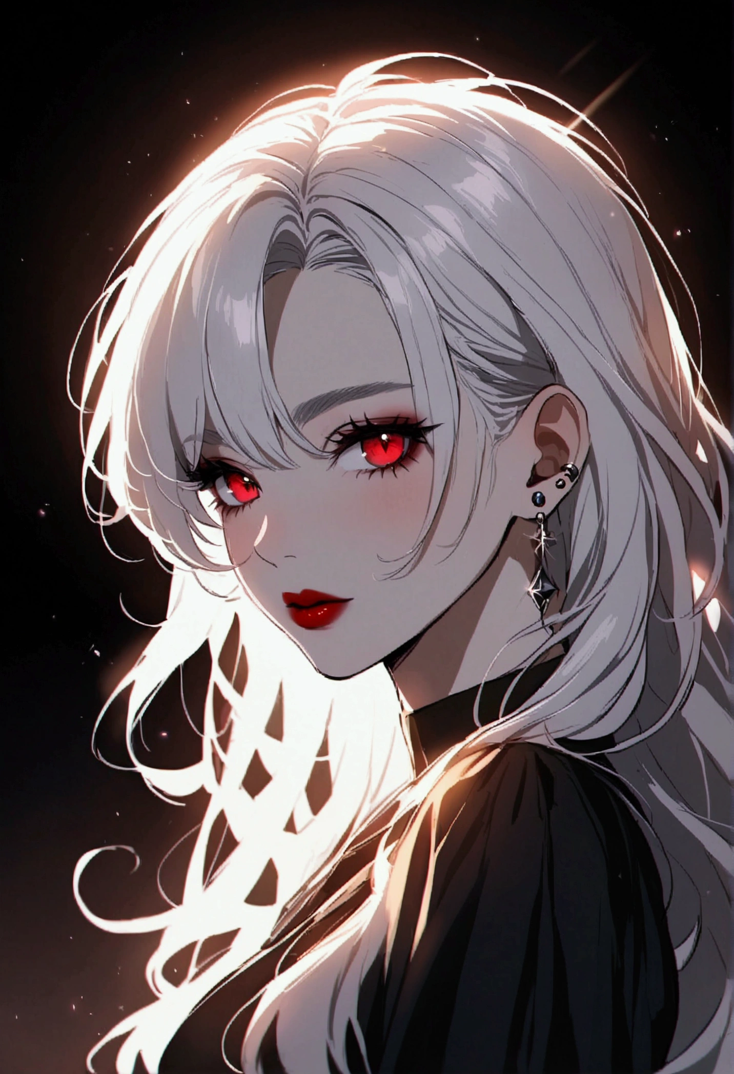 Beautiful Christian woman , white  hair , Eyes red , black gown , rise the sunlight , piercing look and red lipstick 