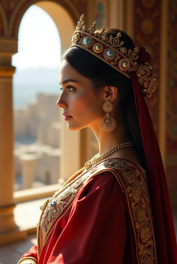 An authentic Iranian woman with a crown, jewels and gold earrings looks at Persepolis from the window of her palace.
