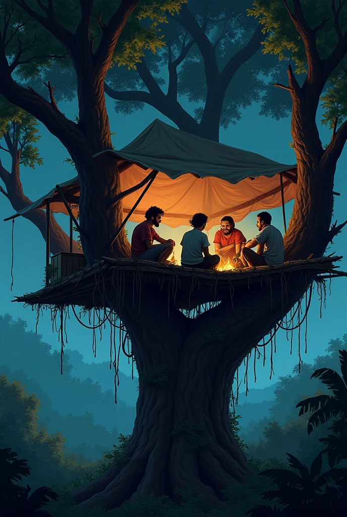 A group of five men set up a temporary shelter in a tree, or what is called a 'khat hang'.At night