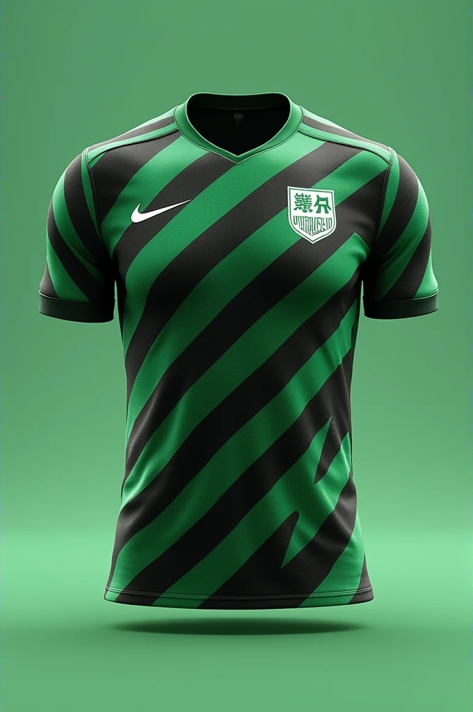 Create an unbeatable football kit with a stunning green design, black andwhite. Use horizontal and vertical stripes to create a dynamic and innovative pattern, combining elegance and strength. Stripes should interact in a sophisticated way, ensuring that the look is modern and striking, while promoting an unmistakable visual identity. Ensure the design conveys professionalism and power, elevating the uniform to a new level of excellence.