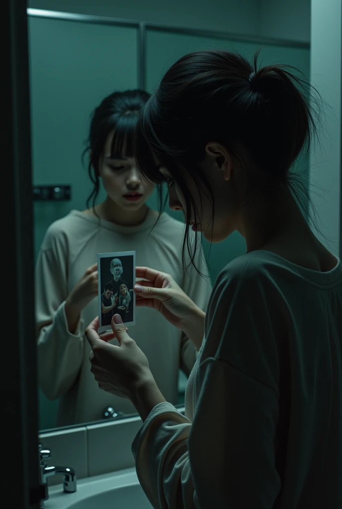 A carpeted girl wearing a stand looking at a photo of a man pasting it in the bathroom with a hidden camera Images of dark and gloomy rooms: Images that give the impression of a scary or unfamiliar environment. Censored or blurred images: which give a hint of reality, but do not provide clear details. Pictures of locks and security systems: