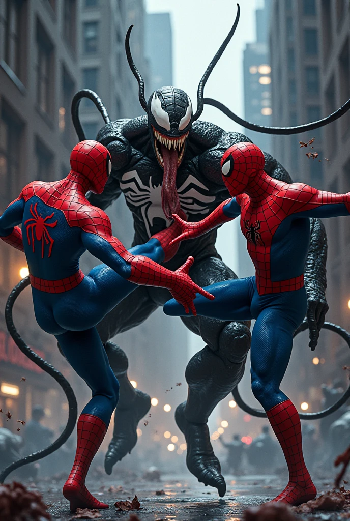 Two spiderman hitting venom with kick