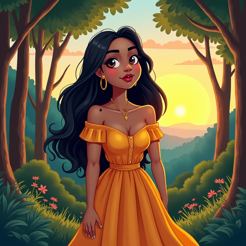 A big girl with long hair and a square face wearing a dress with a birthmark on the right side, the background is a forest in the evening, a cartoon animation picture. 8k , high-resolution