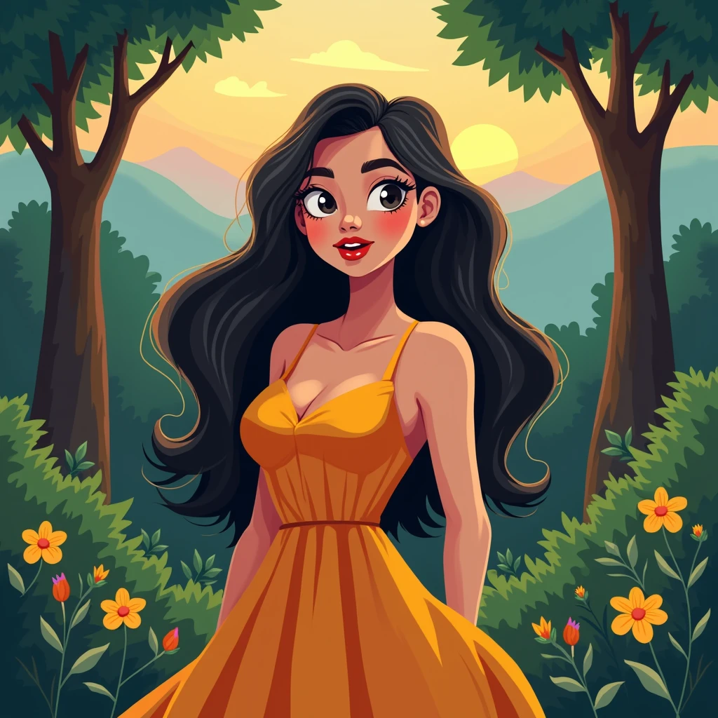 A big girl with long hair and a square face wearing a dress with a birthmark on the right side, the background is a forest in the evening, a cartoon animation picture. 8k , high-resolution