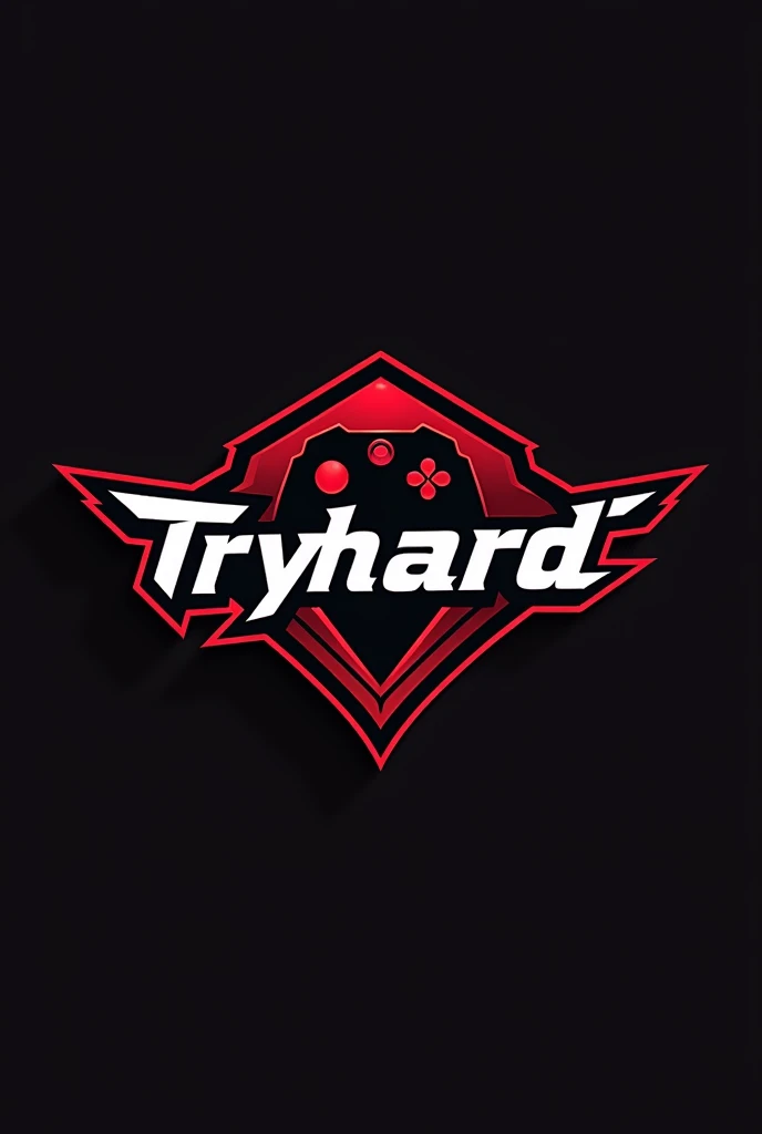 Design a logo for a "tryhard" gamer that embodies intensity and dedication in competitive gaming. The logo should feature sharp, dynamic shapes, with bold lines and a sleek, modern aesthetic. Incorporate elements such as a stylized game controller, crosshairs, or a weapon silhouette to reflect the gaming focus, particularly for FPS genres. The typography for "Tryhard" should be aggressive yet minimalist, with a powerful font that stands out. Use a limited, bold color palette like black, red, and white to enhance the competitive, high-energy feel of the logo.