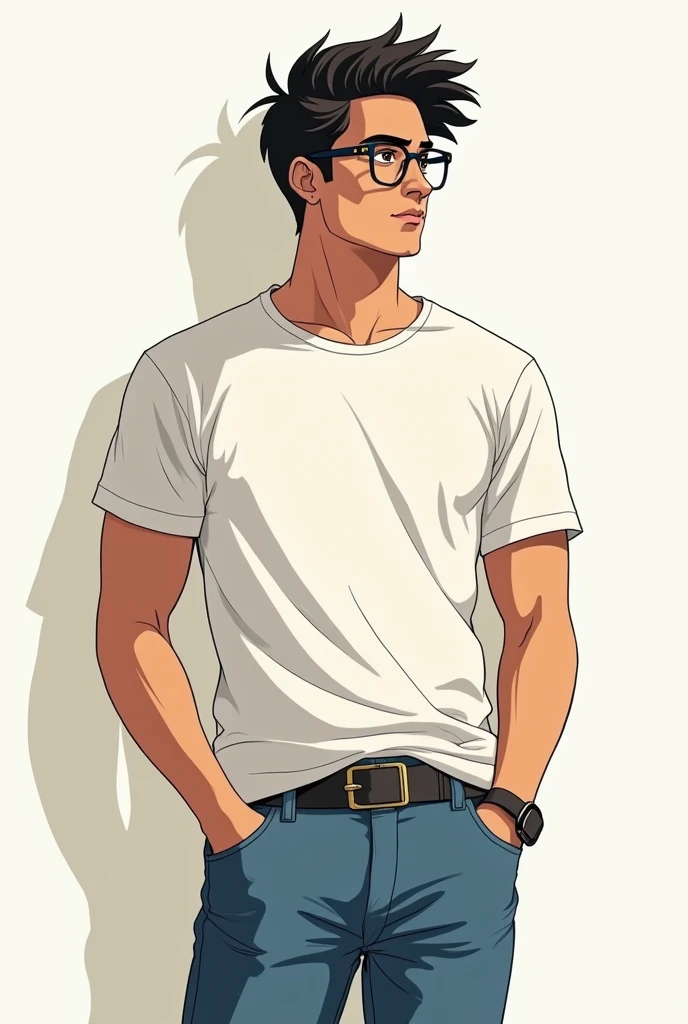 Create an anime image of a person with looks and characteristics of arjuna character in mahabharatha and the person wearing white classy tee shirt with blue jeans with decent and classy look in spectacles and decent hairstyle 