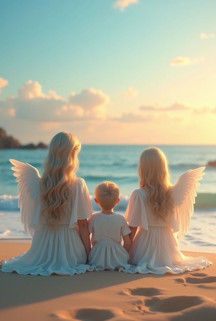 An angel mother, angel father, angel boy, girl, angel boy and boy sitting at the beach looking at the sea