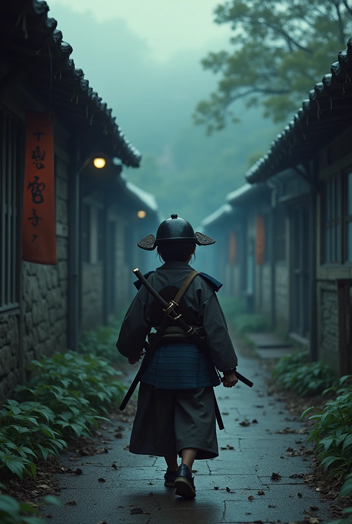 A boy dressed as a samurai with a sword., Walking through a mysterious village, sharp, Real, Sky before the rain, Wind,