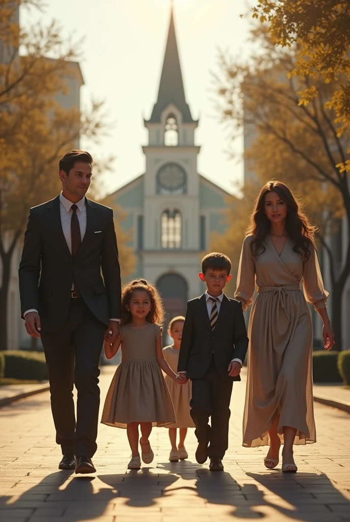 (photorealism:1.2), a family consist of mother and  father with 5 kids wearing dress and formal going to church
