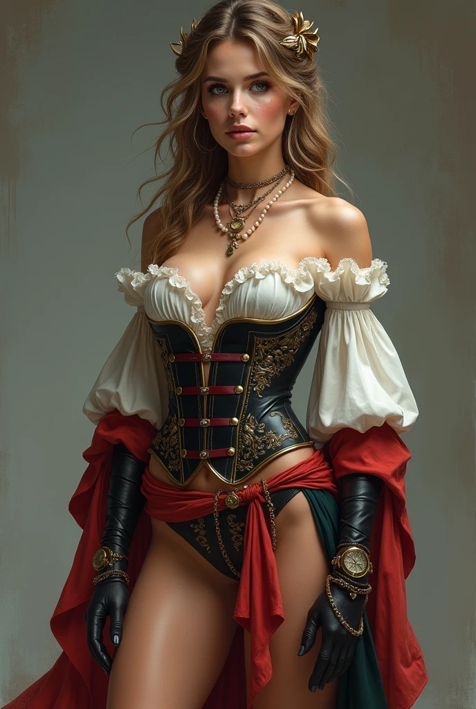 Full body image of a pirate royalty woman, not sensual Face, clear skin.
outfit, short dress, with hanging fabrics, with cheeks, lace details, leather corset, long boots.
Accessories, pearl necklace, pendant, form, compass.
Attitude, elegant, Posture, Raised.
