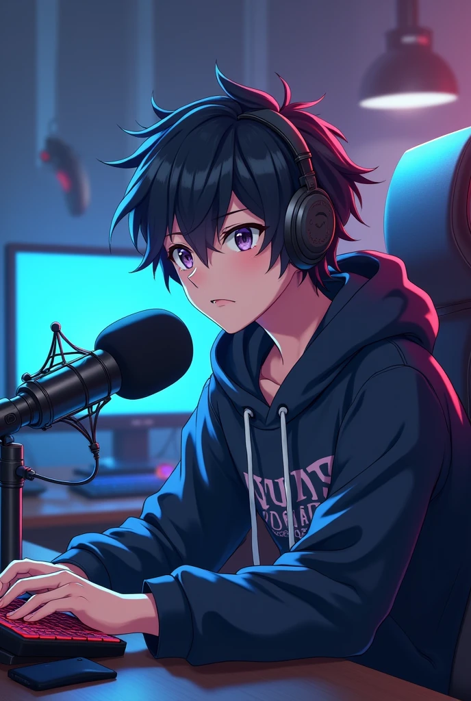 A anime boy in a gaming studio front of mic
