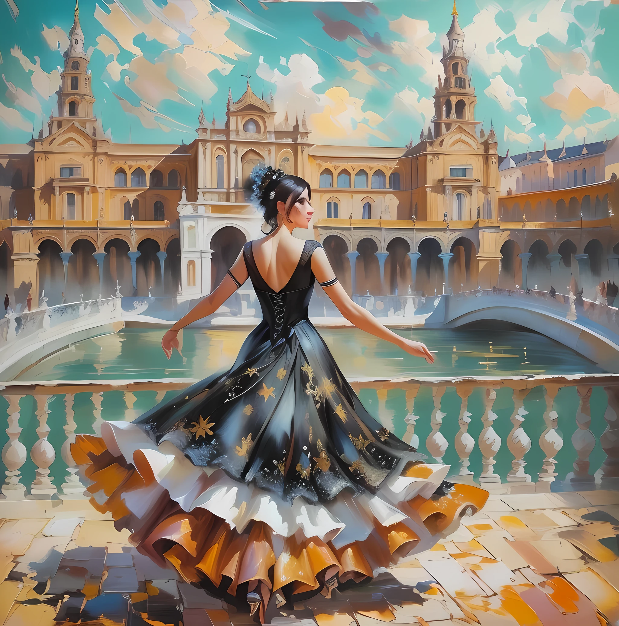 painting of a woman in a black flattering dress dress is walking in front of the river in Plaza de Espana, Seville, alla prima oil painting, realistic spanish woman painting, andrew atroshenko, in style of steve henderson, dmitry spiros, artwork, by Bencho Obreshkov, elegant oil painting, steve henderson, Romaticism, oil painting on canvas, daniel lezama painting style
