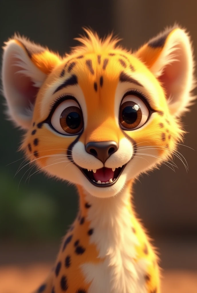 Create a close-up image of an adorable  Cheetah smiling, facing the camera with a zoomed-in perspective. The animal should have a cute and expressive face, resembling the animation style of Pixar by Disney, with large, shiny eyes and a joyful smile. The background should be blurred to emphasize the animal's face. Each animal should appear friendly and endearing, with soft fur or feathers and bright, cheerful colors."