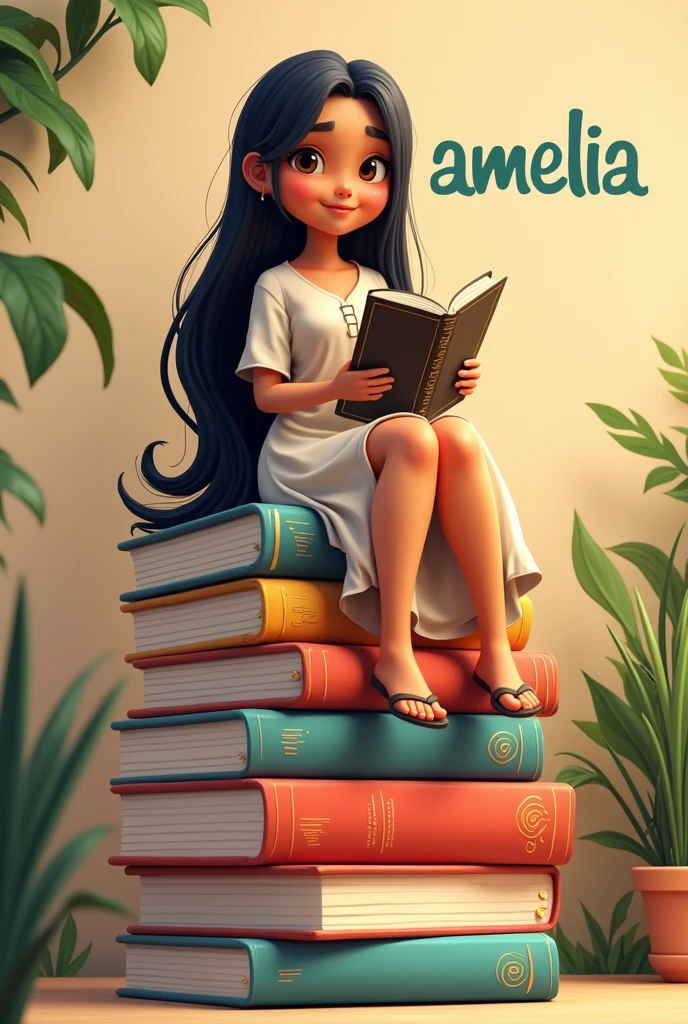 Comando: Create a 3D illustration of an animated Brazilian character sitting casually on top of "textbooks". The character must wear a long dress, long, straight black hair, brunette skin, slanted eyes, very chubby, and holding a Bible. The background of the image is a beautiful page with the username "Amelia".