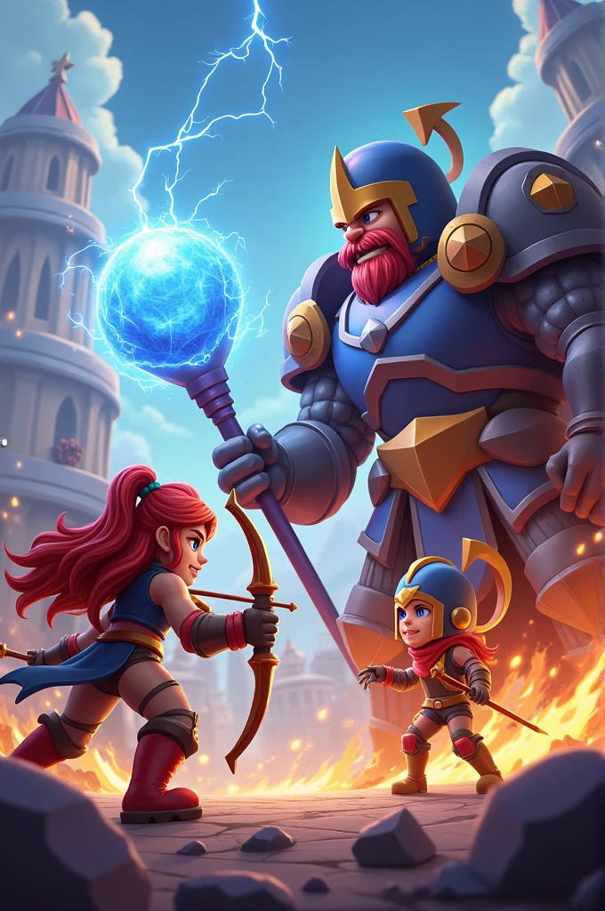 Generate a Clash Royale image with firecracker, sparkyon left side and mega knight at right side as background and give the title as Royalegem