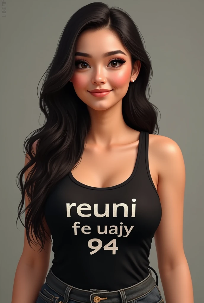 Woman, indonesia, big boops, 30 years, wearing black tanktop that say "REUNI FE UAJY 94"