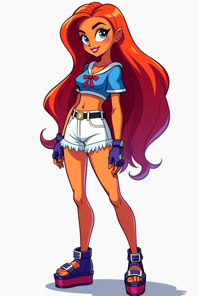 Teen Titans cartoon character Starfire, 1.5 meters tall, wearing white denim daisy dukes shorts, a frost-tie shirt and platform velvet buckled sandals
