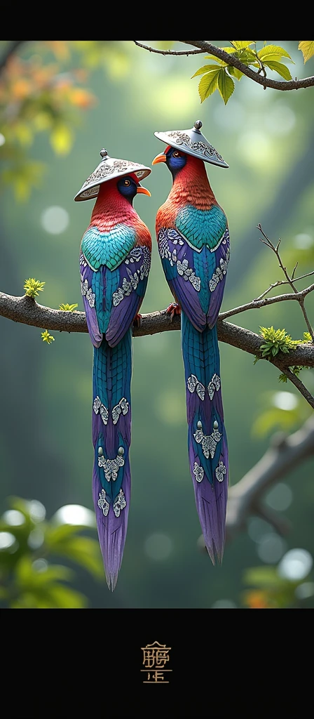 Create an 8K high-resolution image of two exotic, vibrant birds perched on a branch in a lush forest setting. The birds should have striking, multi-colored feathers with intricate patterns resembling gemstones, including shades of blue, purple, red, and green. They are wearing traditional Asian-style conical hats with elegant silver adornments. The birds' long, graceful tail feathers should feature ornate white designs with bead-like decorations. The background should be softly blurred, with natural sunlight filtering through the dense green foliage, creating a magical, serene atmosphere. Capture the details of the birds’ feathers and the hats in ultra-sharp resolution, ensuring a visually stunning and realistic appearance."