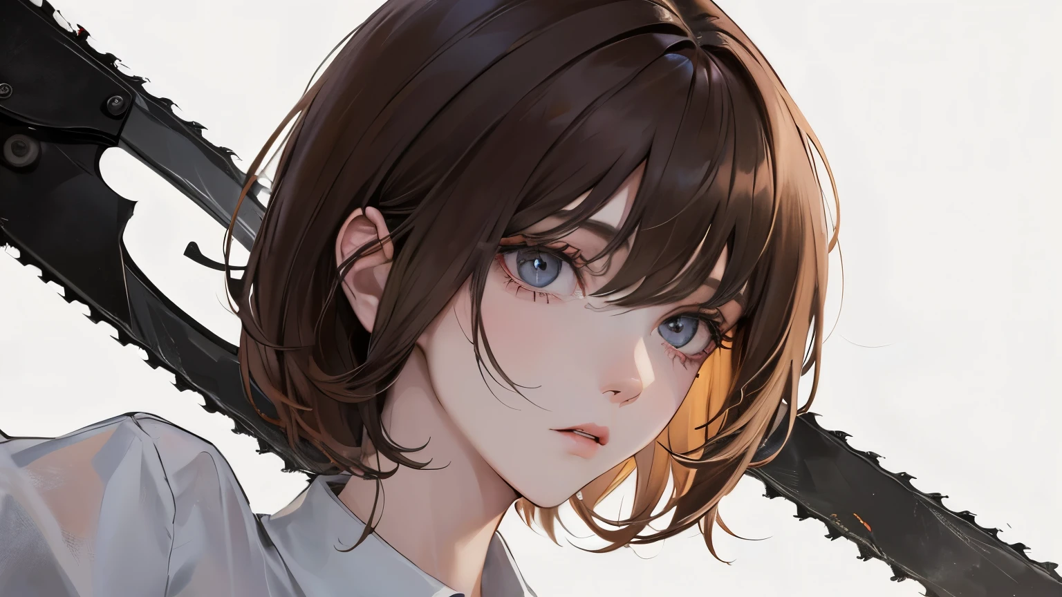 ((A woman have a chainsaw))),(((Front view)))、(((Short Hair))),((()))、,Masterpiece,best quality,,((Black Y-shirt))、((Expressionless))、((Brown Hair)),determined expression, Upper body diagram、 (Highest Resolution、Clear_image)、Best Quality、Light and shadow contrast、(())、Very detailed、Semi-realistic、、bangs、Age 25、　Young lady,,young、(())、Delicate Facial Features