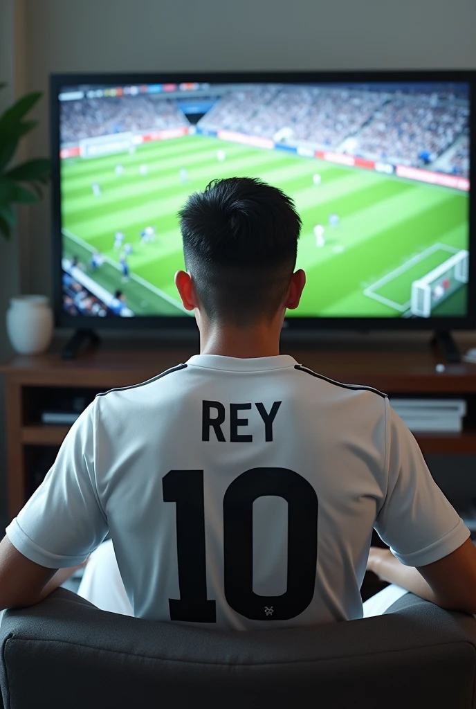Male fan sitting on the couch wearing the team's all-white uniform with just the number 10 and the name "rey" watching football game on television, with the all-white team uniform, on an office desk