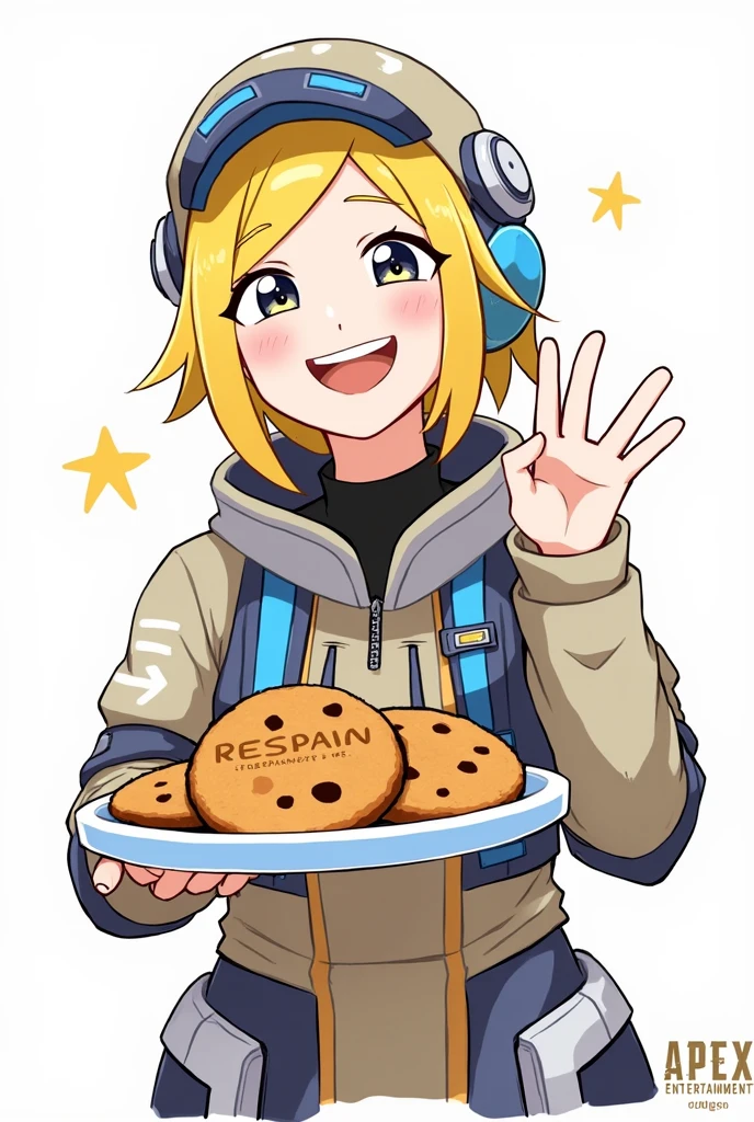 apex legends smile wattson charakter wattson (apex legends) girl blue headwear holding cookies respawn emoji