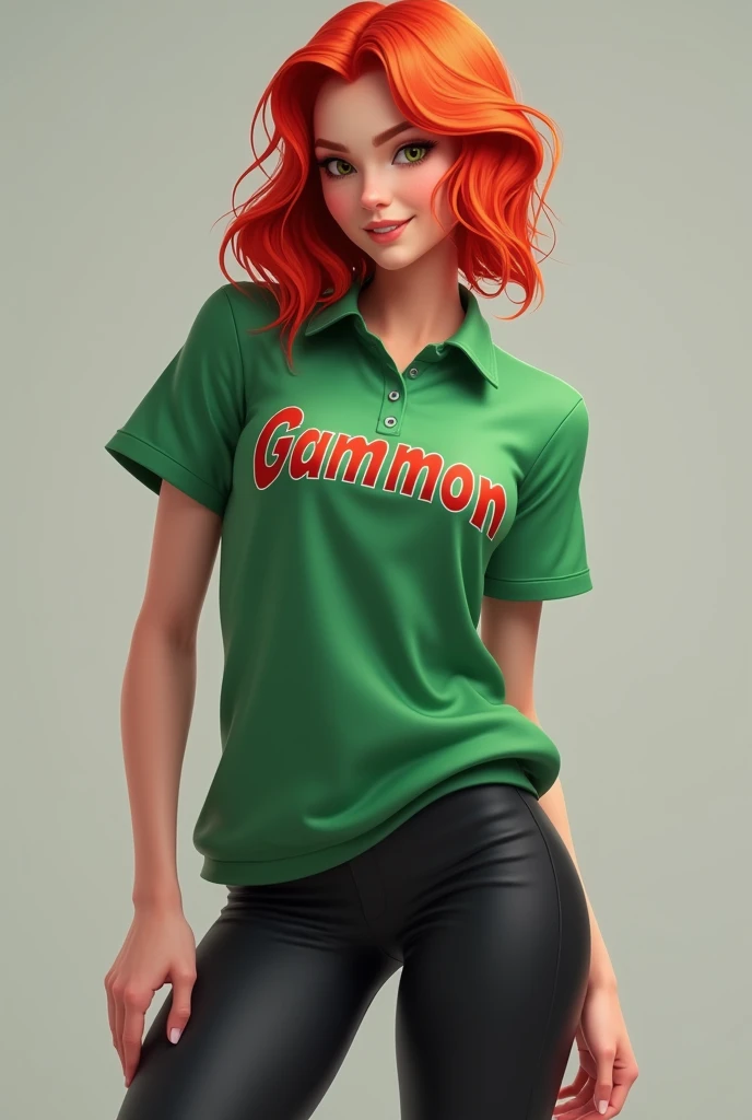 Red-haired woman in a green polo shirt with gammon written on the chest with black leggings