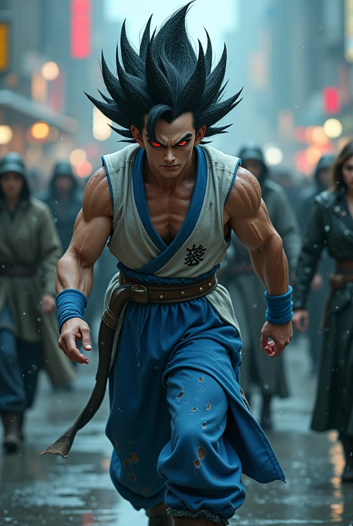 Rain, fragments splash Snowflakes, particles blender Cinematic Composition A realistic photoshoot of an Japanese male model cosplaying dragon ball classic Uniform blue white, hair style conceptual Tim burton messy wind akira toriyama as from RAW photography tmasterpiece Anthropomorphic humanoid vegeta's rage facing eyes glow red red gold Torn Viking costume wearing Street attire, Walk wildly through the crowd, intricately details, Intricate work by Gribors, Behind the city, fit-muscled body, Large muscles, Muscular arms, Small head, Scary ogres, Titan soft lighting, Ultra photo realsisim, gentle illumination, sinister environment filmed by Zack Synder variant angles dynamic