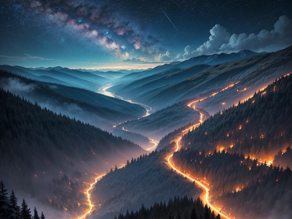 Lush view from atop a hill, night and dark to valley, Mountain chain, dense forest and river, epic starry sky, some meteors,
