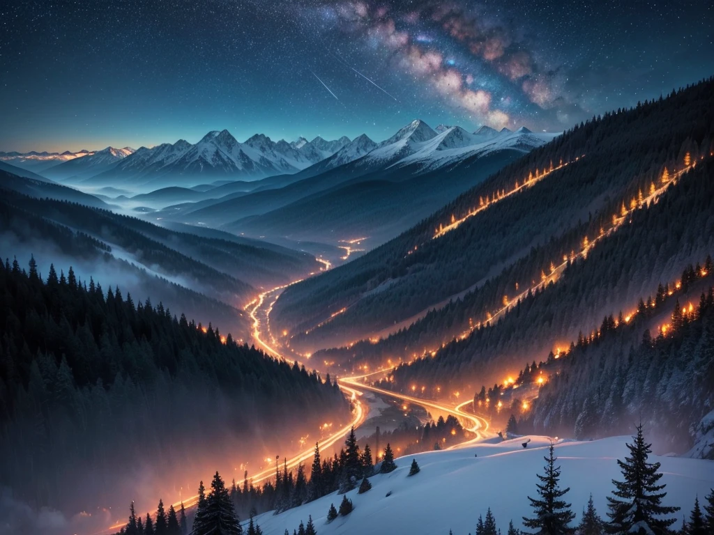 Lush view from atop a hill, night and dark to valley, Mountain chain, dense forest and river, epic starry sky, some meteors,
