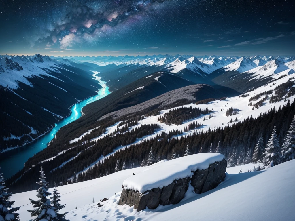 Lush view from atop a hill, night and dark to valley, Mountain chain, dense forest and river, epic starry sky, some meteors,