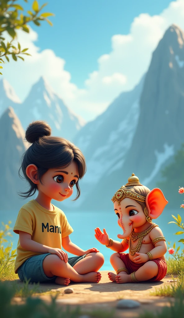 Create a digital artwork featuring a serene landscape with mountains in the background. In the foreground, depict a Child Girl sitting cross-legged, wearing modern clothing with her name, 'Manu' written on her T-shirt. Next to her, place Child Ganesha. A small mouse, Lord Ganesha's vehicle, should be sitting nearby Wow, you have caught a juicy laddu. Lord Ganesha should be adorned with traditional jewelry and clothing, exuding a divine and peaceful aura. The overall scene should blend elements of traditional spirituality with modern aesthetics, creating a harmonious and serene atmosphere."