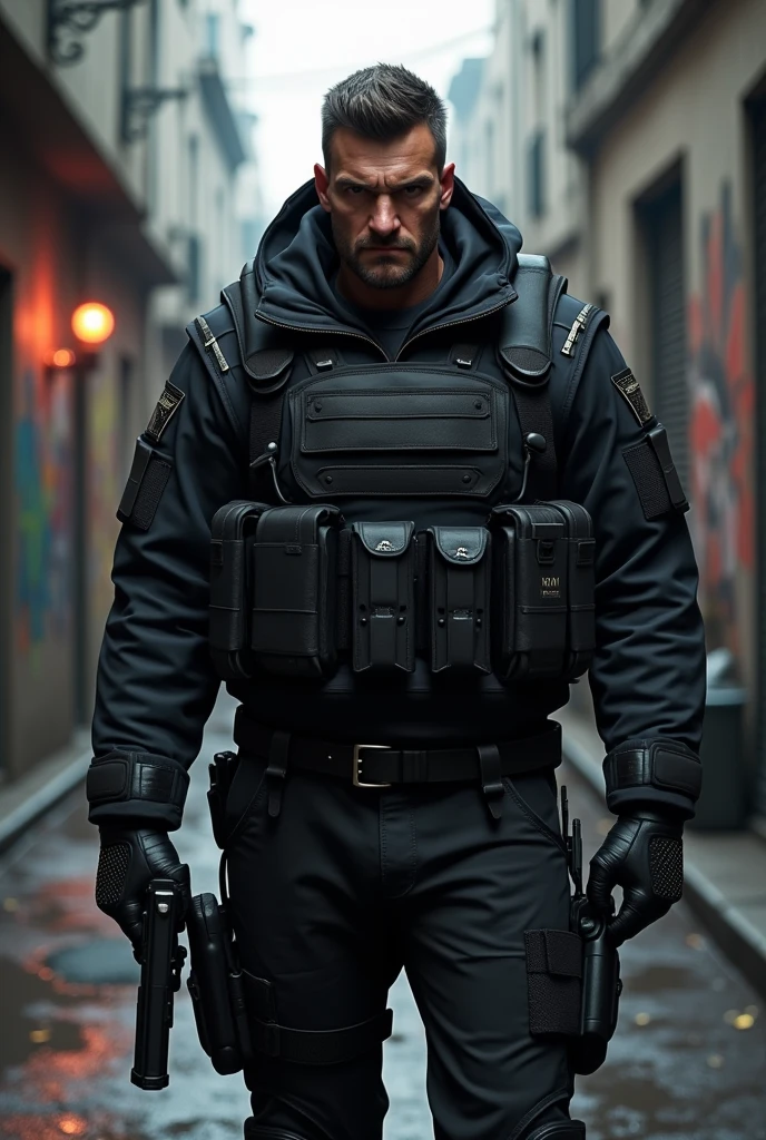 Ganster wear in bullet proof jacket and pistal full wear