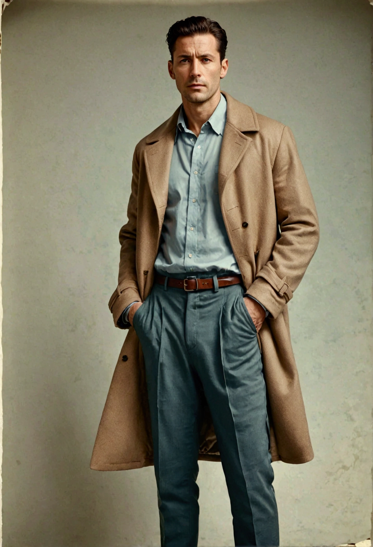 A man in a standing position wearing coat and pants